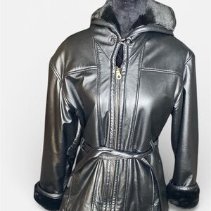 Wilsons Leather Black Hooded Jacket with Fur Trim